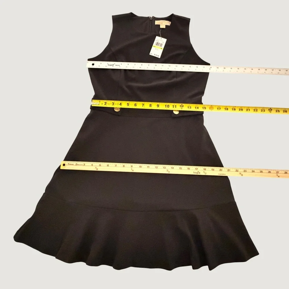 NWT Michael Kors Womens Black Sleeveless Ruffle Hem Dress MK Logo Buttons Size M